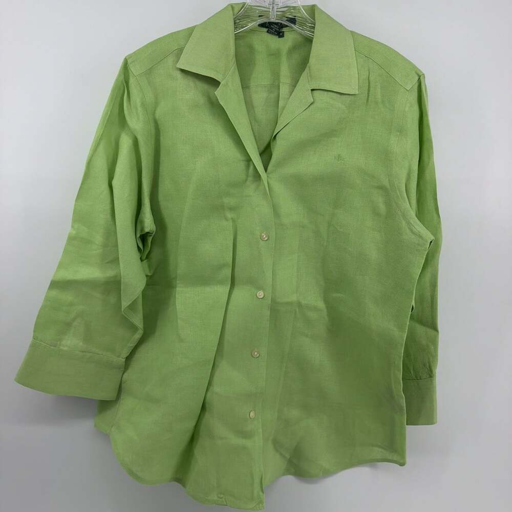 Lauren Ralph Lauren Top Women's M Green 100% Linen Button Up Casual 3/4 Sleeve